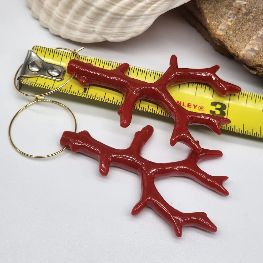 Anthro 14kt Gold plated Hoop Earrings/Studs Red Coral Branch